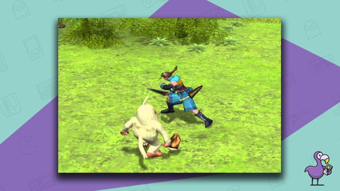 Arc the Lad: Twilight of the Spirits gameplay - a character in blue fighting an enemy with white fur who is holding a club.