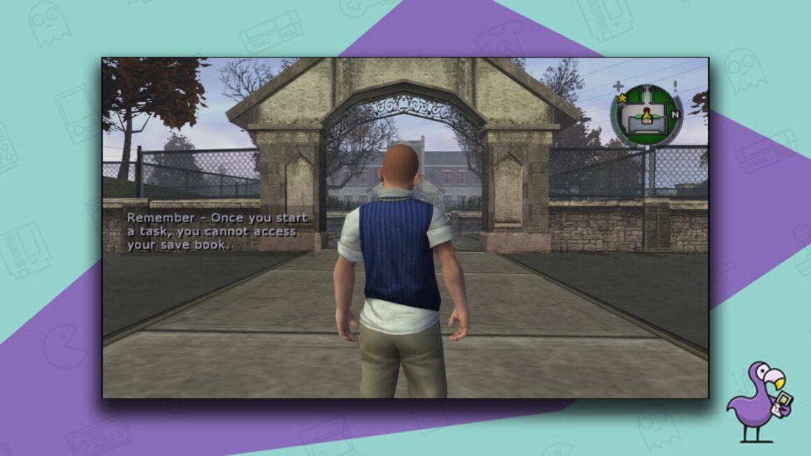 Bully gameplay, with a character in a blue vest and white shirt looking through a stone archway towards the school.