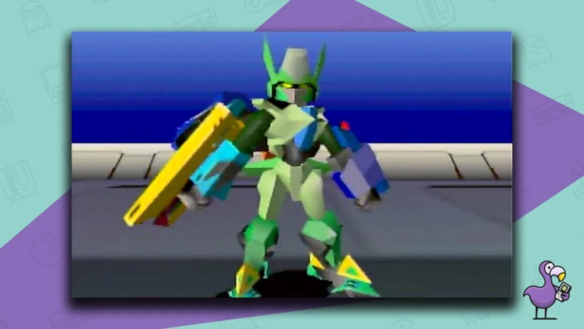 Custom Robo V2 gameplay showing a green robot standing on a walkway in front of a blue background