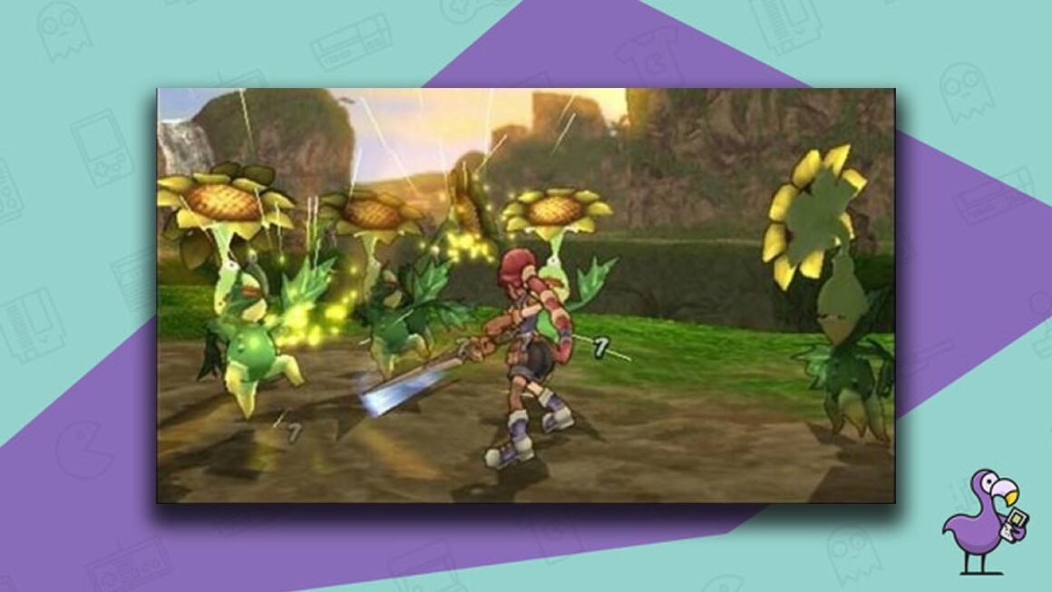 Dark Cloud 2 gameplay, with a character swinging a sword near some large sunflowers