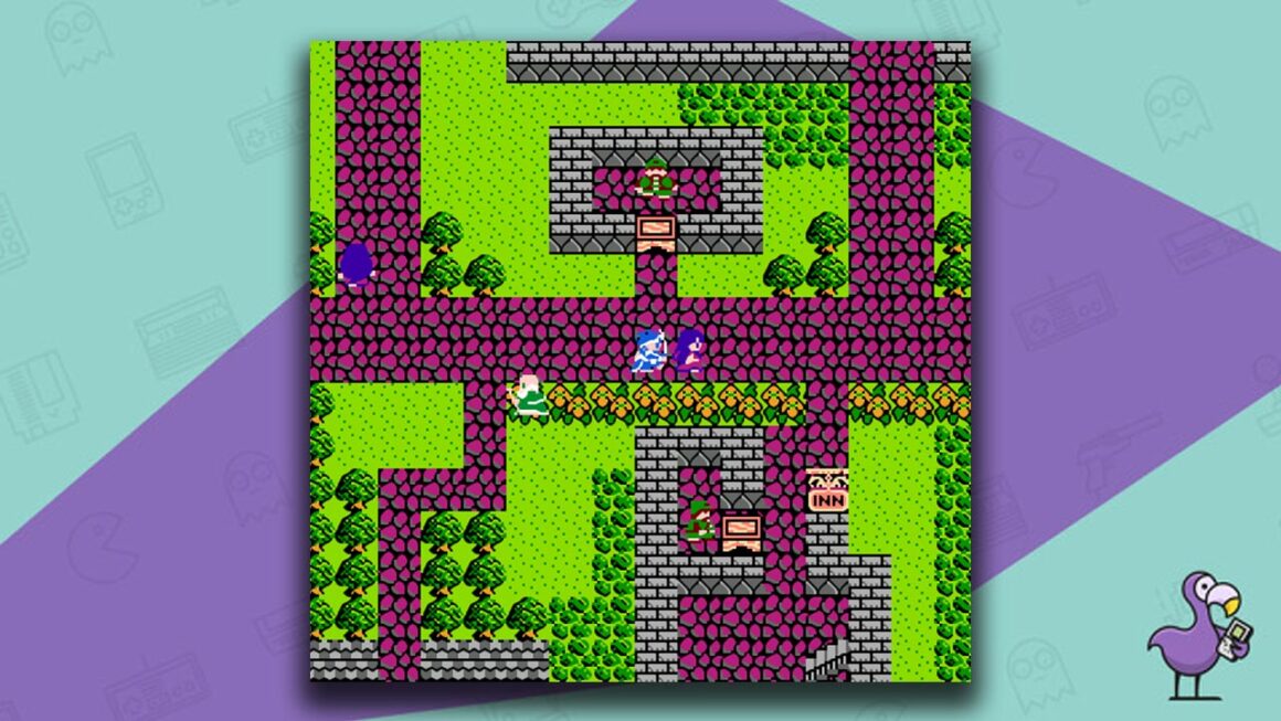 Dragon Warrior 3 gameplay - characters moving along a red-brick road in a town