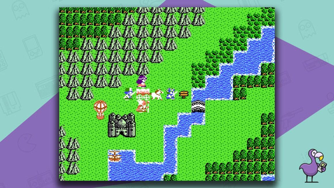 Dragon Warrior IV gameplay NES - characters walking through a field by a stream