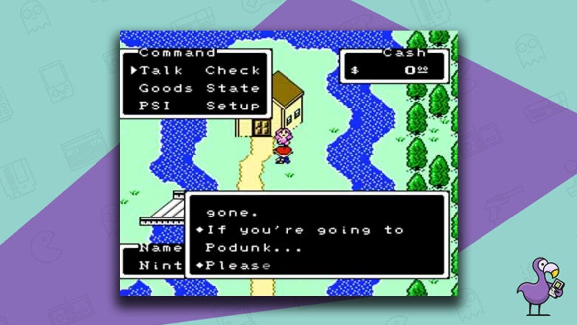 earthbound gameplay - two characters conversing in front of a building by a river