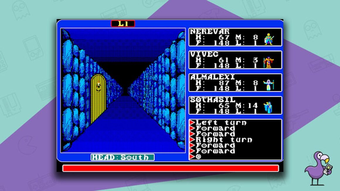Ultima III gameplay - looking down a long corridor with blue bricked walls. A door can be seen in the left wall.