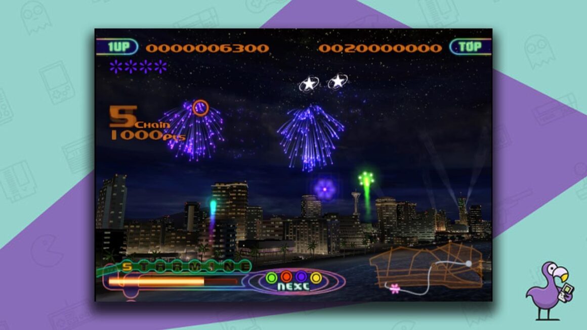FantaVision gameplay on the PS4 - fireworks shooting up into the sky. 