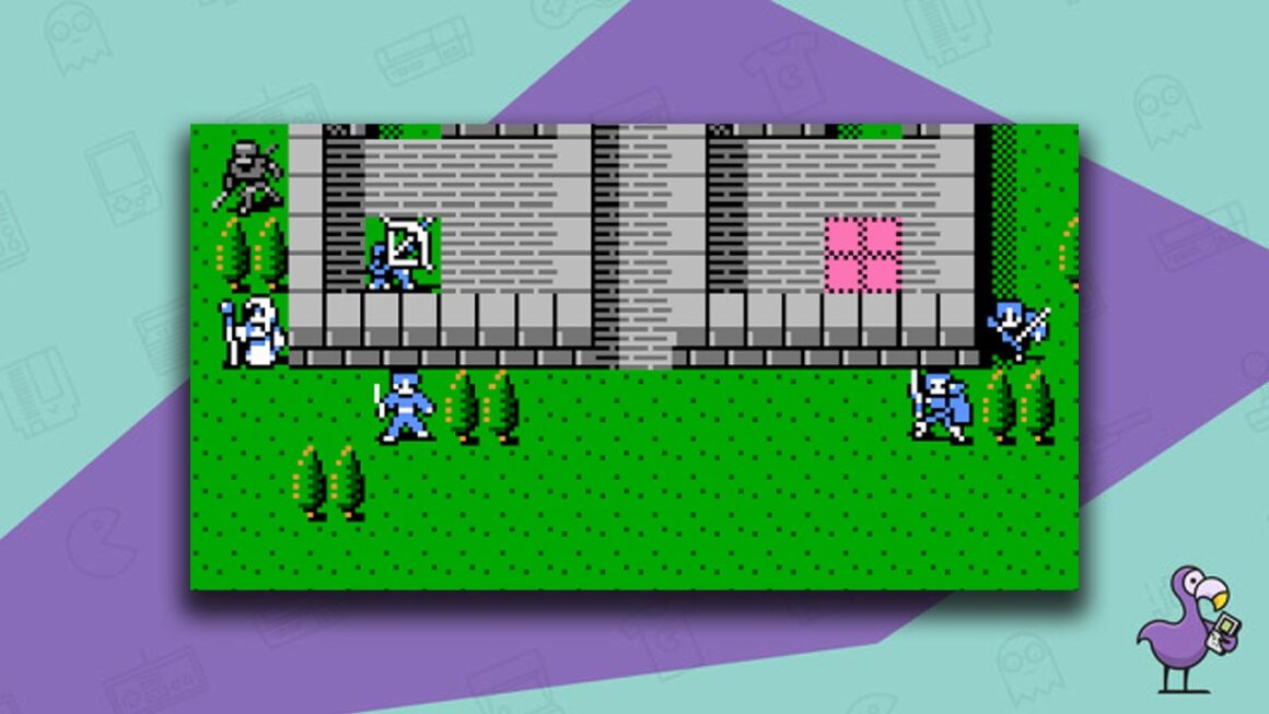 Fire Emblem Gaiden gameplay - characters standing outside of a castle wall in a green field