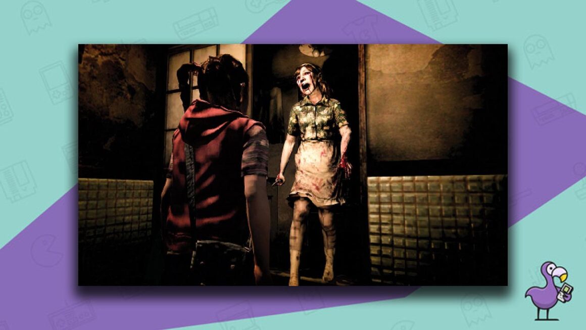 Forbidden Siren  gameplay, a girl standing by an open door as a zombie woman in an apron walks towards her. 