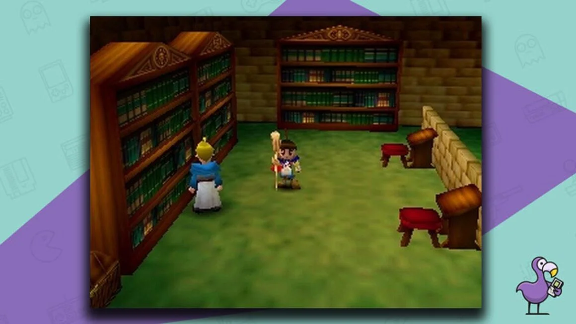 Holy Magic Century/Quest 64 gameplay - Brian inside a library holding his staff. A Woman is standing by a bookcase
