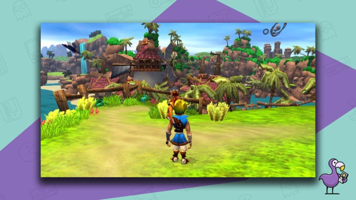 Jack and Daxter looking out at a colourful island village