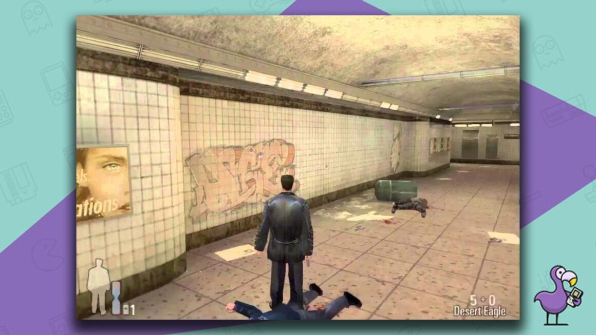 Max Payne gameplay, with Max standing over a body in a tunnel