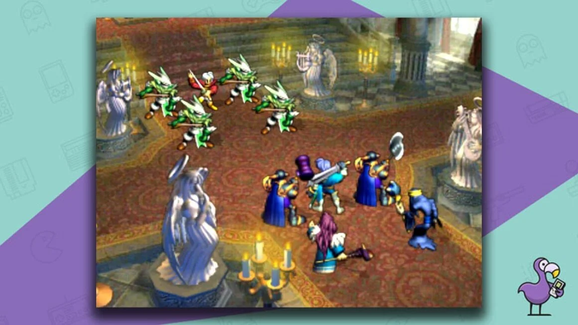 Ogre Battle 64: Person of Lordly Caliber, with the forces of good and evil facing off in hall with statues, candles, and a carpet that brances off four ways.