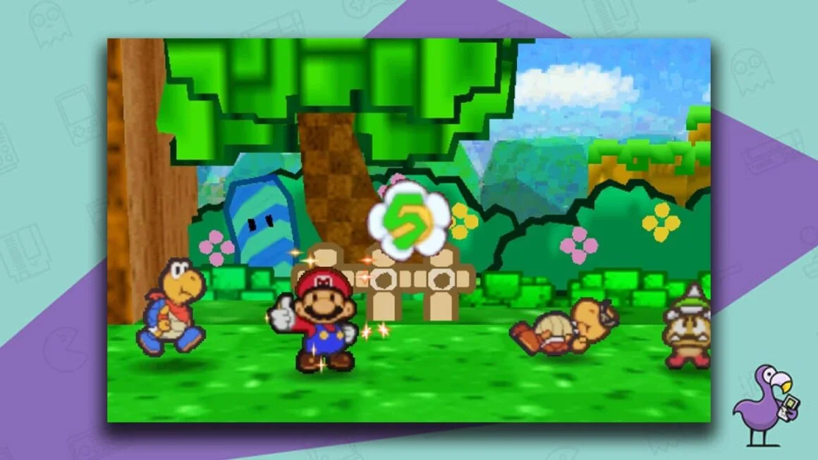 Paper Mario Gameplay, with Mario giving a thumbs up to the camera and enemies moving in the background