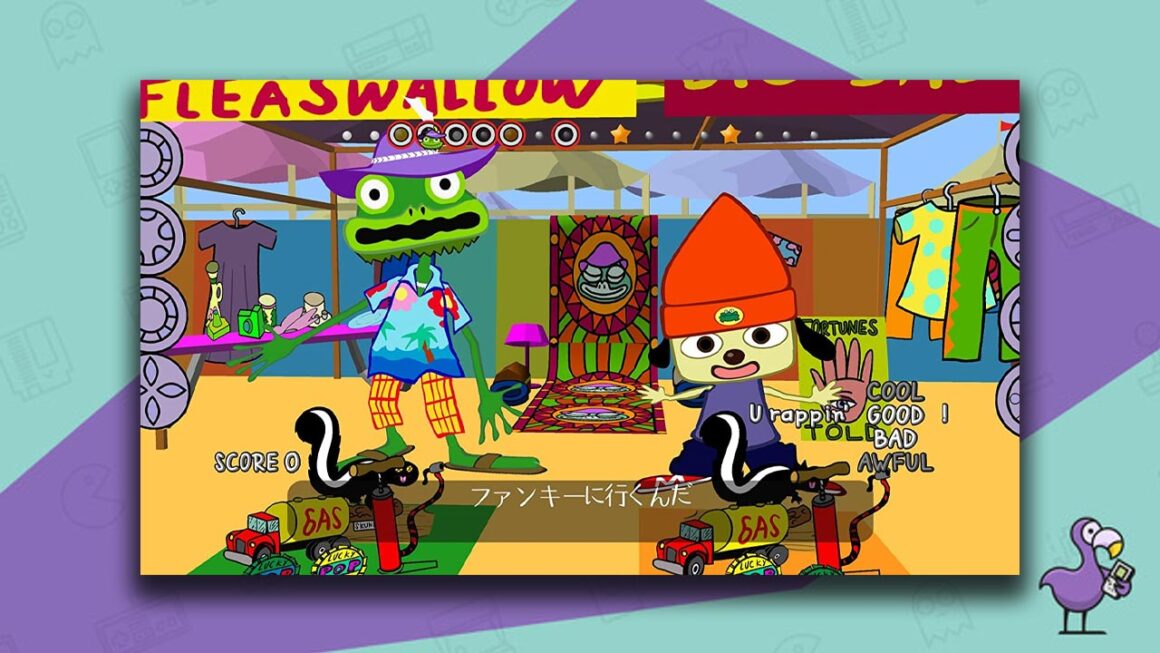ParRappa the Rapper gameplay - a lizard and PaRappa are dancing in unison in front of a market stall. 