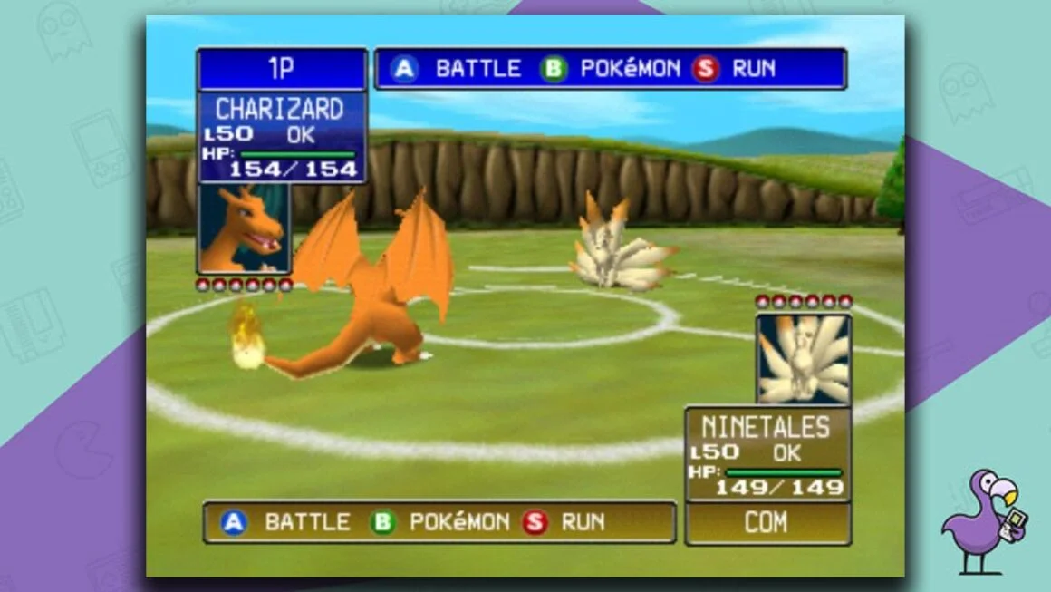 Pokemon Stadium gameplay - Charizard is battling Ninetales on a green field with a white Pokeball symbol in the middle.
