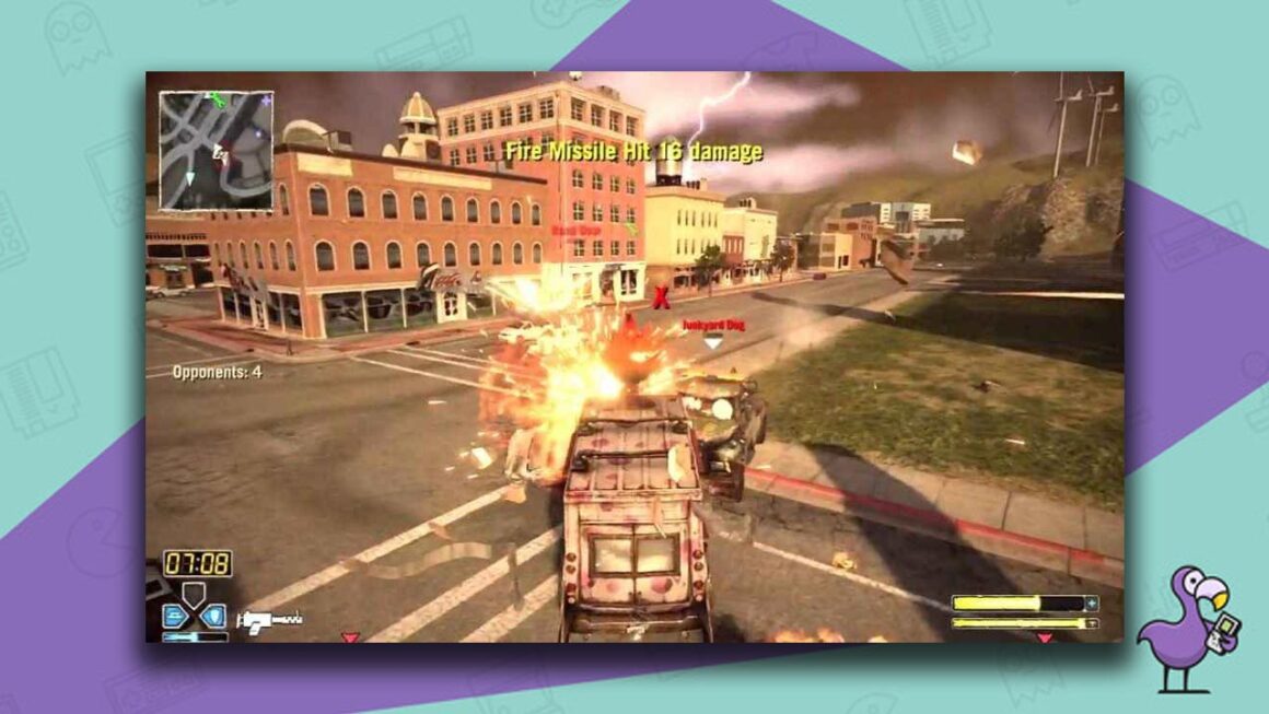 Twisted Metal: Black gameplay for the PS4 - a truck smashing into a vehicle, causing an explosion. 