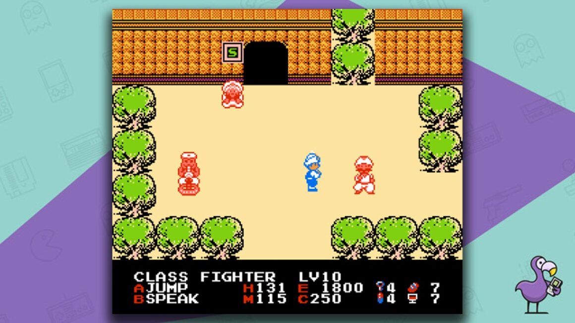 The Magic of Scheherazade gameplay - one character in blue is moving between red characters in a sandy area outside of a cave