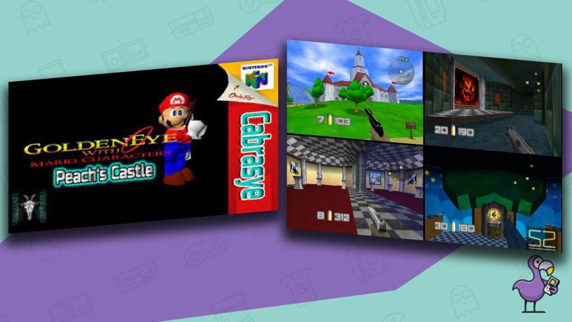 Best N64 Rom Hacks - Goldeneye: Peaches Castle Gameplay showing split screen showing locations from Super Mario 64