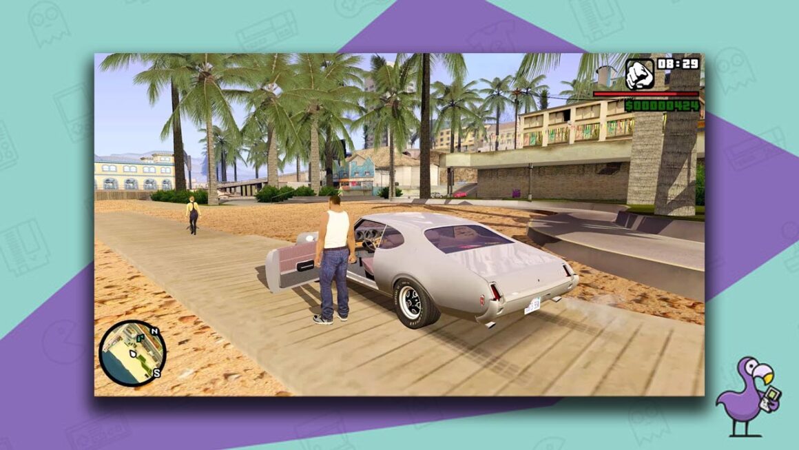 GTA gameplay, with a character wearing a vest next to a car