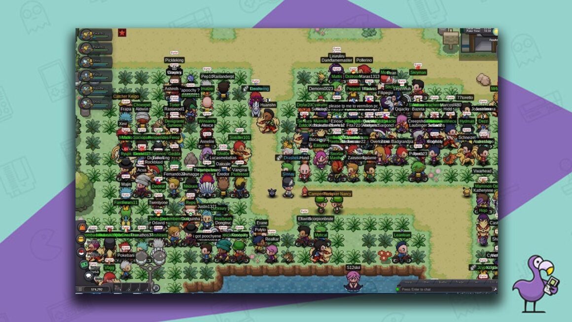 Best Pokemon Rom Hacks - Pokemon Revolution Gameplay MMO che mostra a molti utenti che si muovono in una tipica area del percorso Pokemon