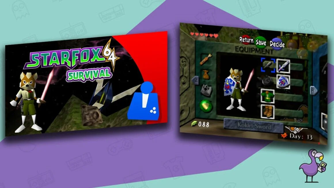 Best N64 Rom Hacks - Star Fox Survival Mod Case and Star Fox in the Ocarina equipment selection screen