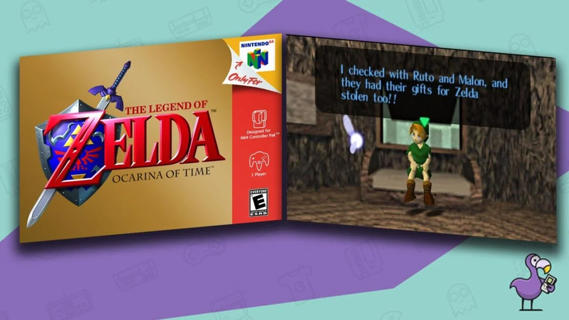 Best Zelda ROM hacks - The Legend of Zelda: Ocarina of Time game case and gameplay showing Link being told about Zelda's missing presents