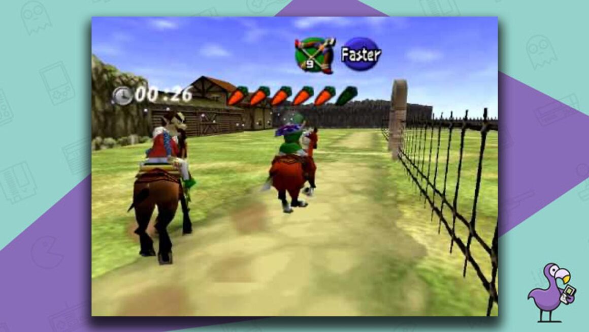 How to get Epona in Zelda Ocarina of Time - Adult Link racing Ingo around Lon Lon Ranch