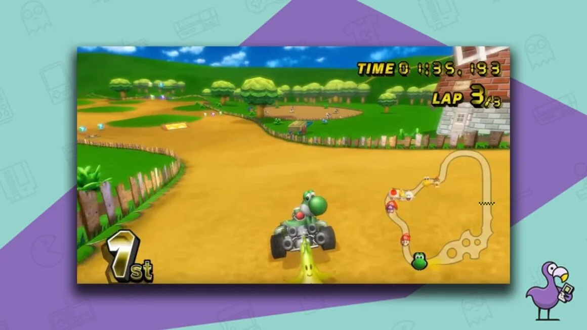 Mario Kart gameplay - Yoshi racing in Moo Moo Meadows with bananas behind his kart