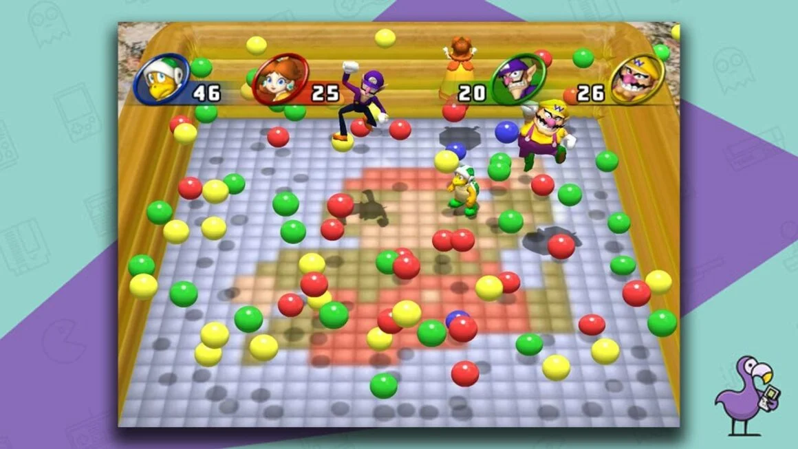Mario Party 8 gameplay, with Hammer Bro, Daisy, Waluigi, and Wario competing in a mini game collecting coloured balls. 