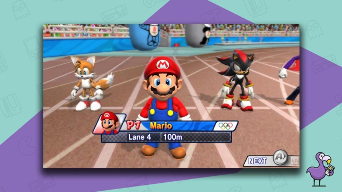 Mario And Sonic At The Olympic Games gameplay, with Tails, Mario, Shadow. and Waluigi at the starting line of a race