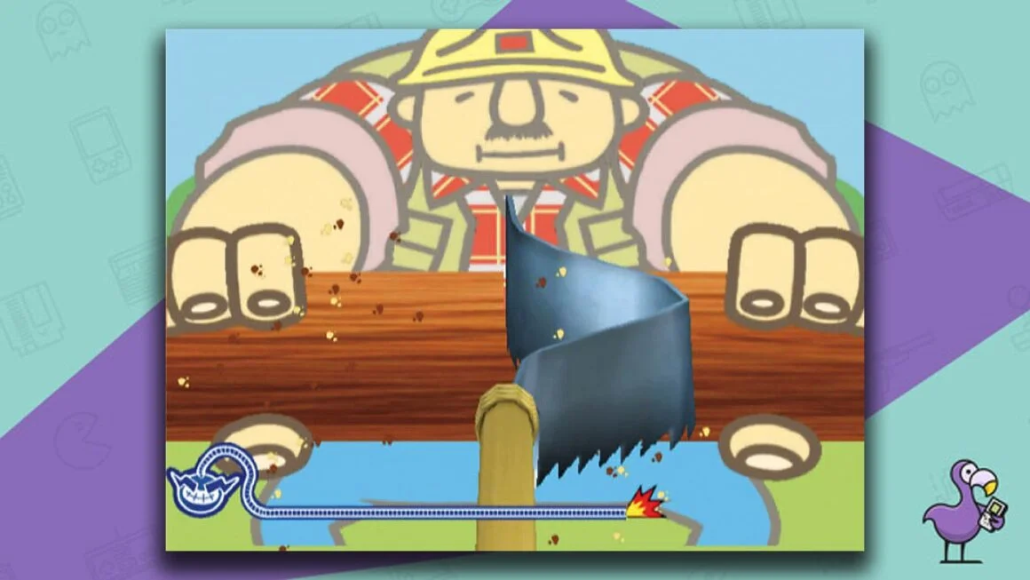 WarioWare: Smooth Moves gameplay Wii minigame, with the player sawing a some wood