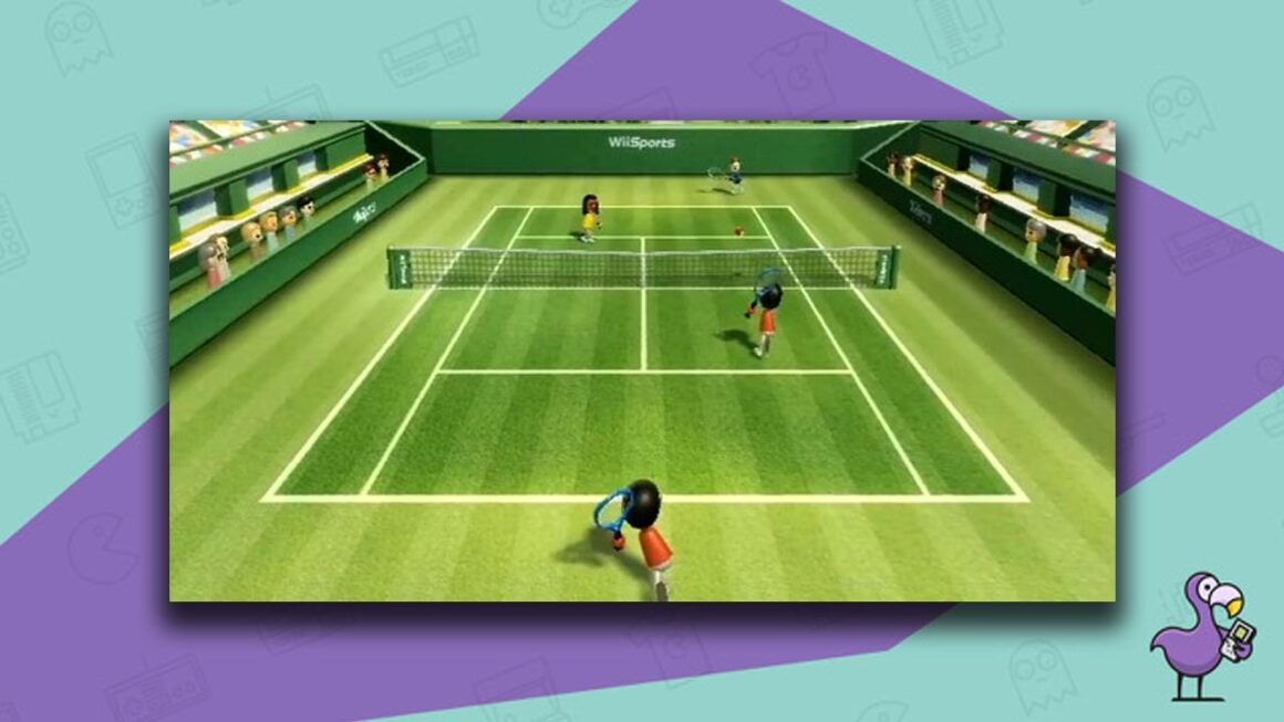 Wii Sports gameplay, with 4 miis playing Tennis