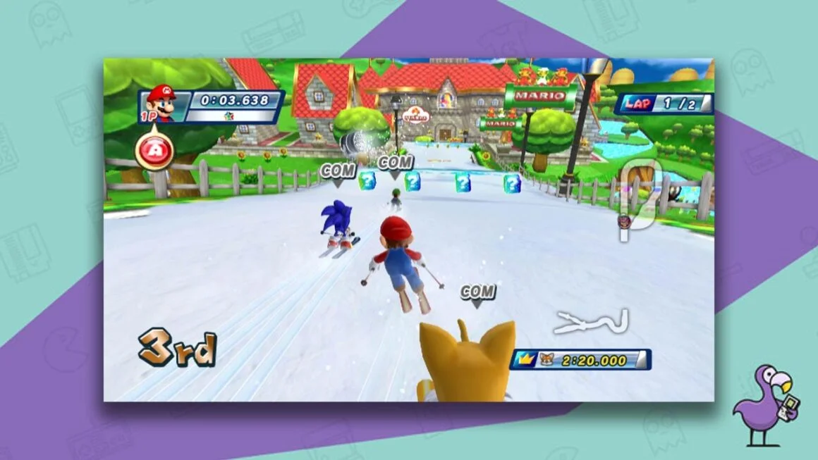 Mario And Sonic At The Olympic Winter Games gameplay, with Luigi, Sonic, Mario, and Tails skiing down a slope