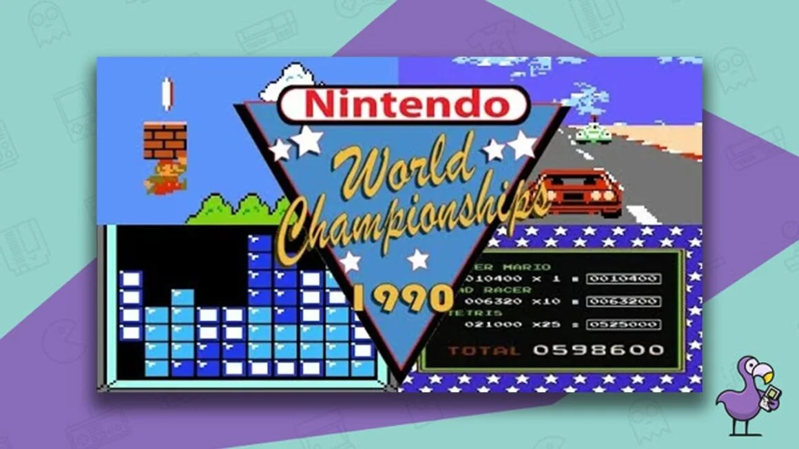 Gameplay from the 1990 Nintendo World Championships, showing Mario, Road Racer, and tetris