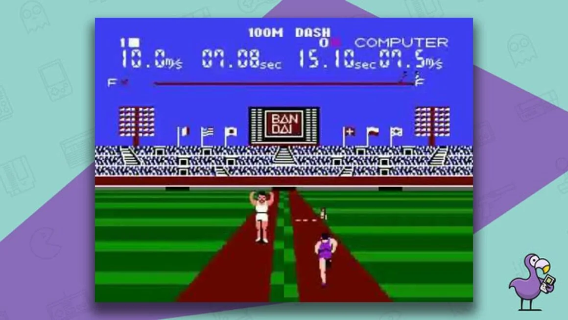 Stadium Events gameplay with one player in white with his arms in the air and another player in purple running