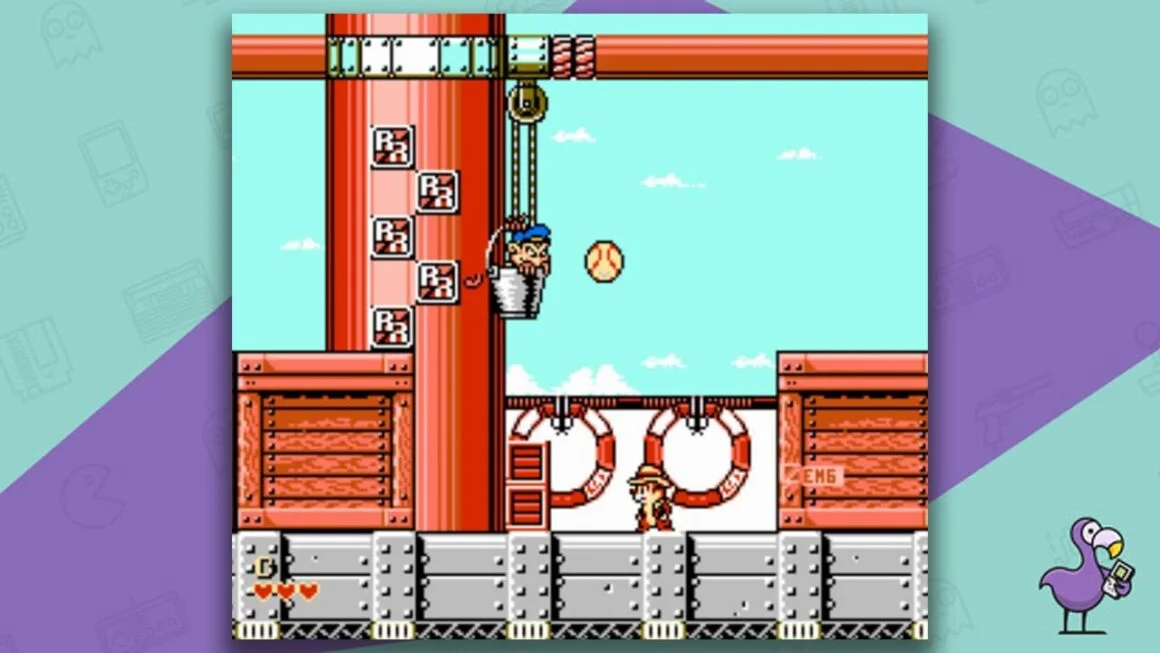 Chip 'n Dale Rescue Rangers 2 gameplay - character in a bucket throwing a ball at a chipmunk