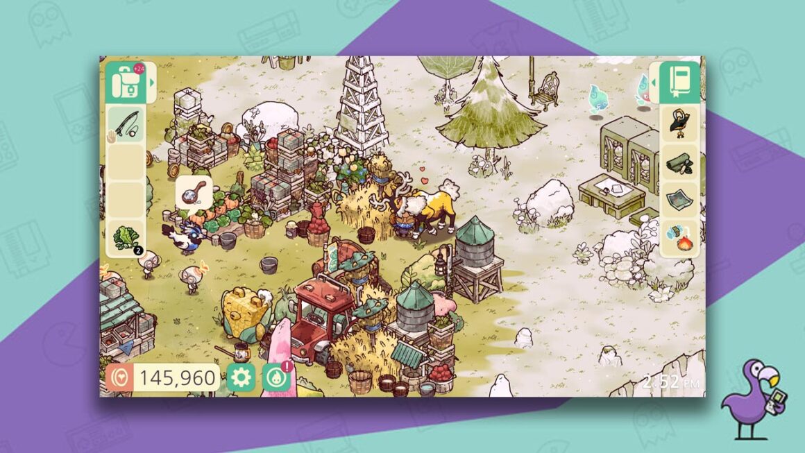 Gameplay for Cozy Grove - various items and a reindeer are positioned next to a wooden tower