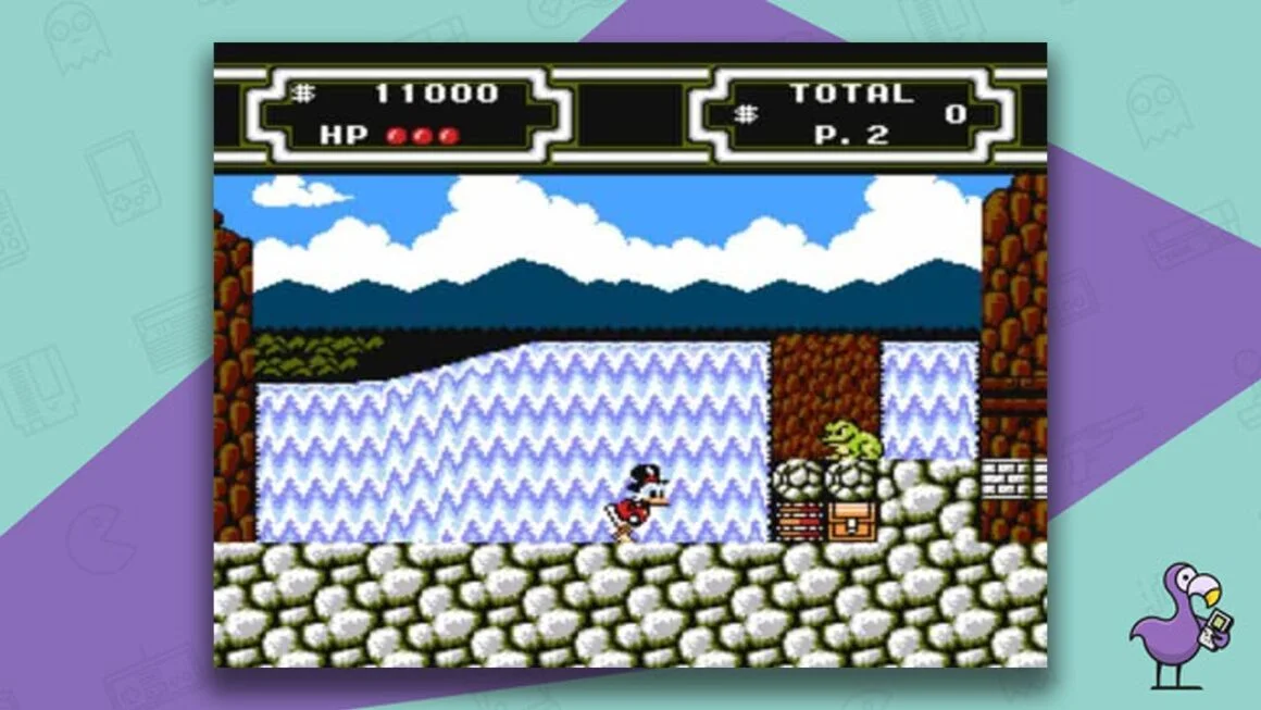 Duck Tales 2 gameplay, with Scrooge moving towards a frog past a waterfall