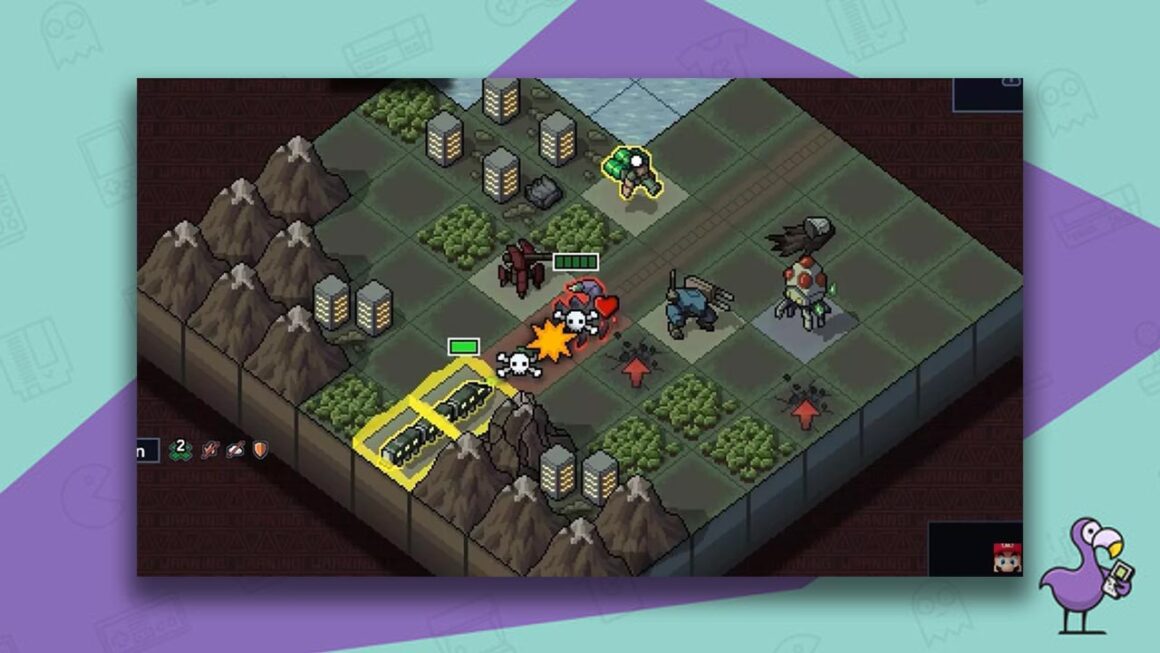 Into the Breach gameplay - a gridded playing field showing items that the player can interact with