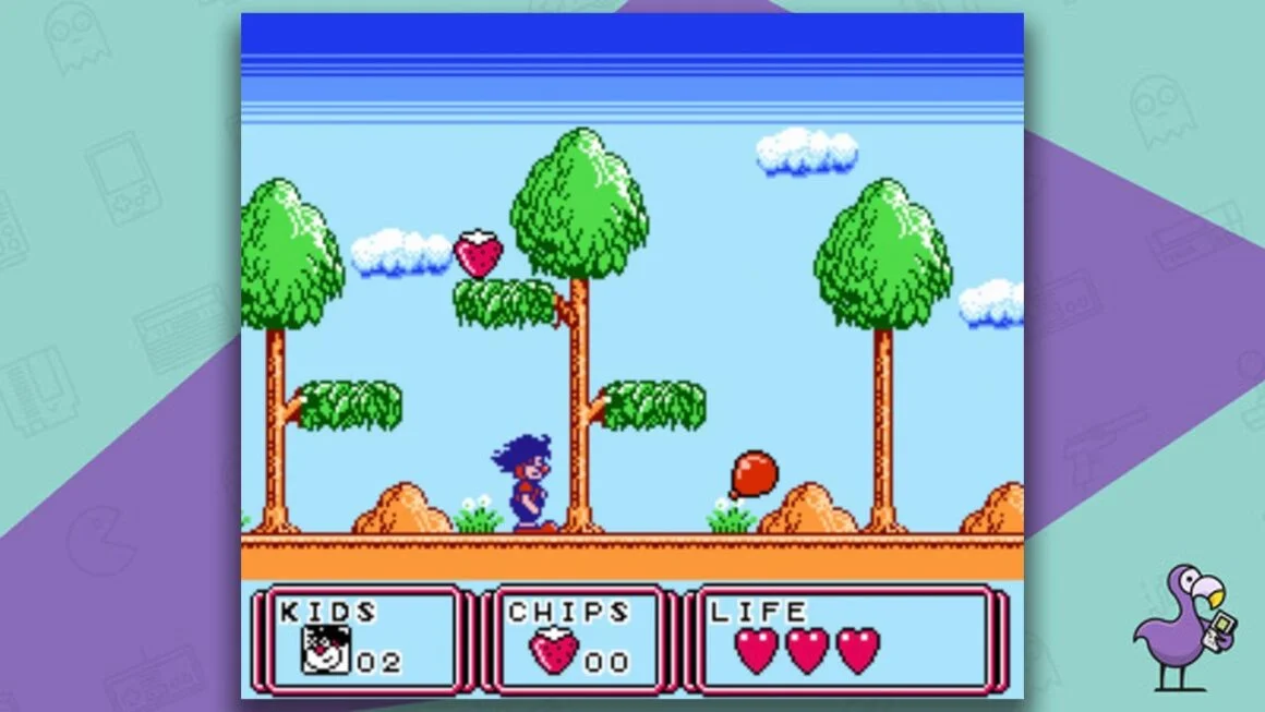 Kid Klown in Night Mayor World gameplay - Kid Klown standing under a branch with a strawberry on it