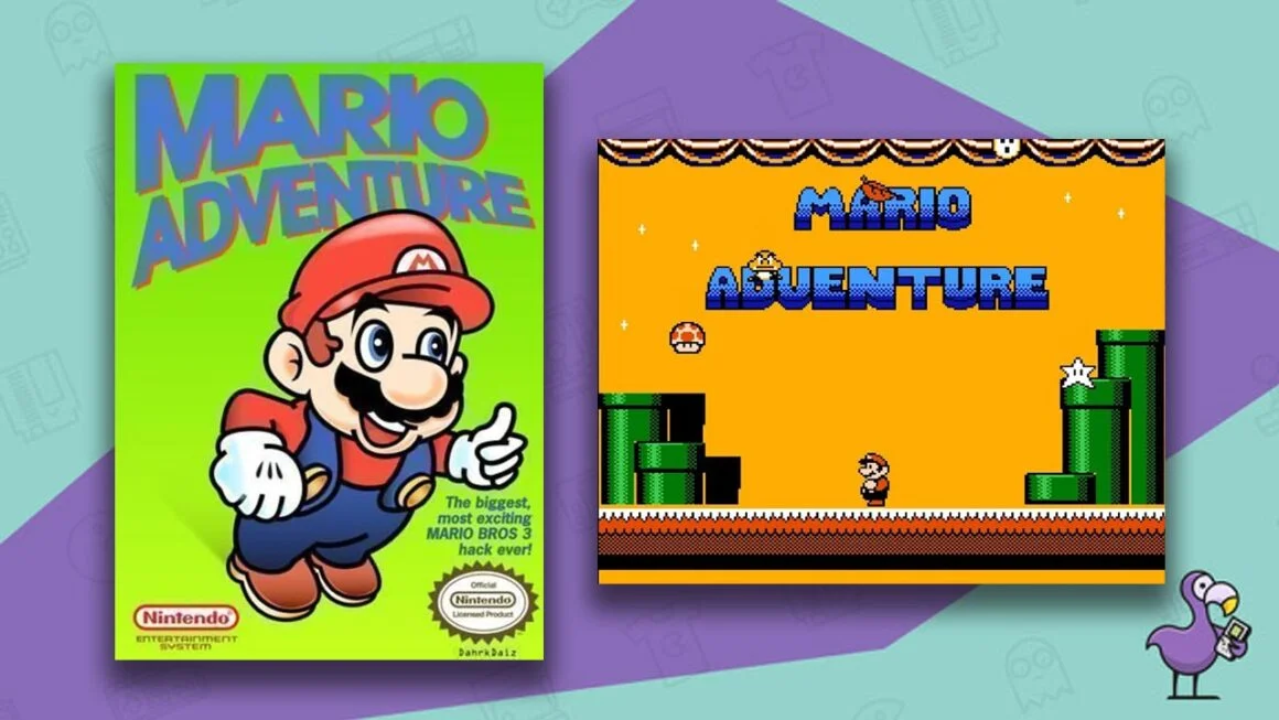 Mario Adventure ROM box art and still of the loading screen