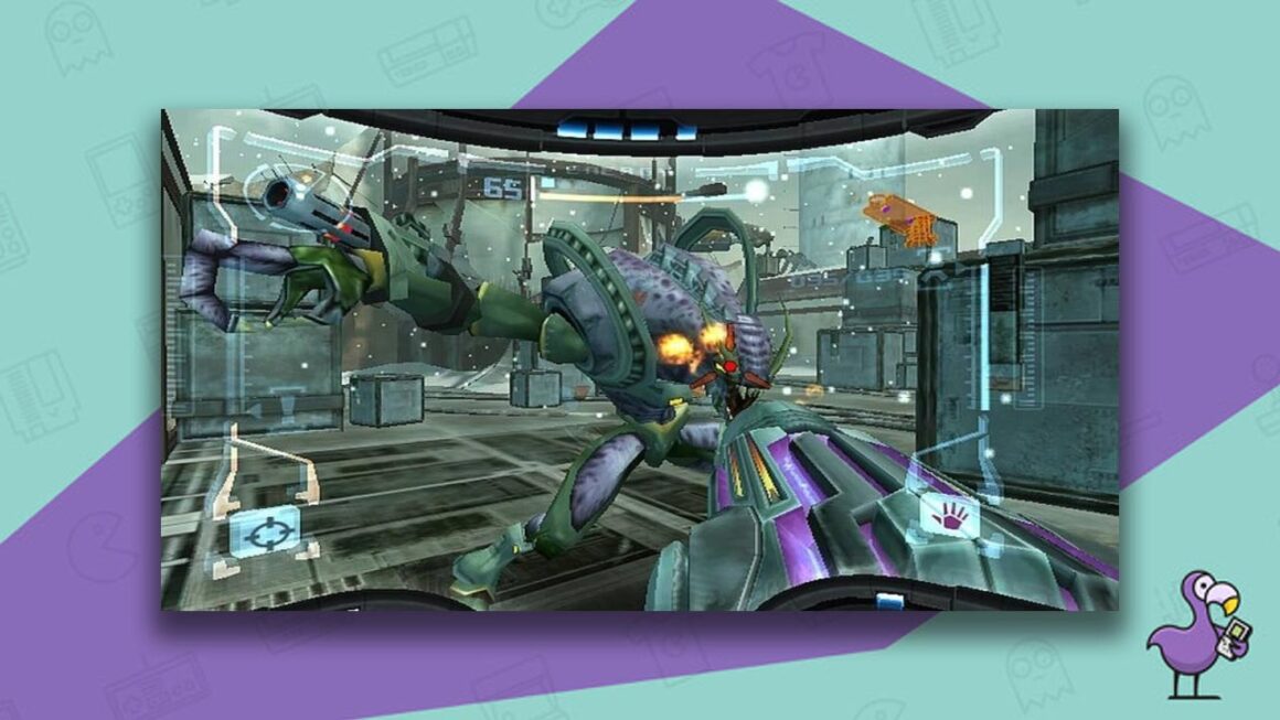 Metroid Prime gameplay - gun view fighting an alien