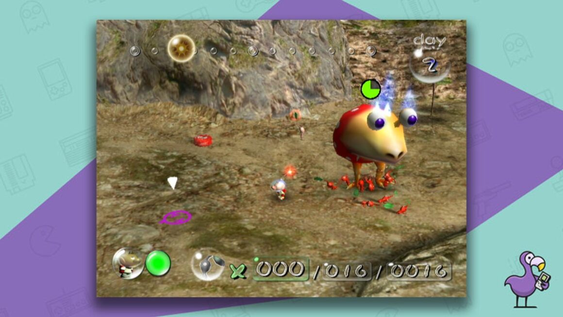 Pikmin and Olimar fighting an enemy