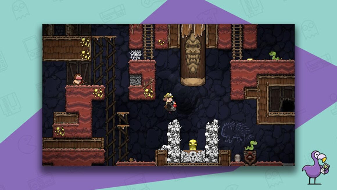 Spelunky 2 gameplay - a character in a yellow hat is jumping over a column of bones underground. 