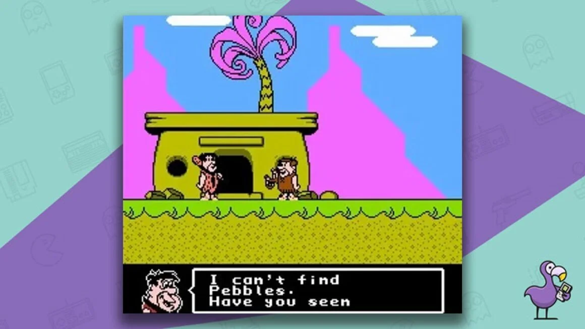 The Flintstones: The Surprise at Dinosaur Peak gameplay - Fred speaking with Barney outside of his house