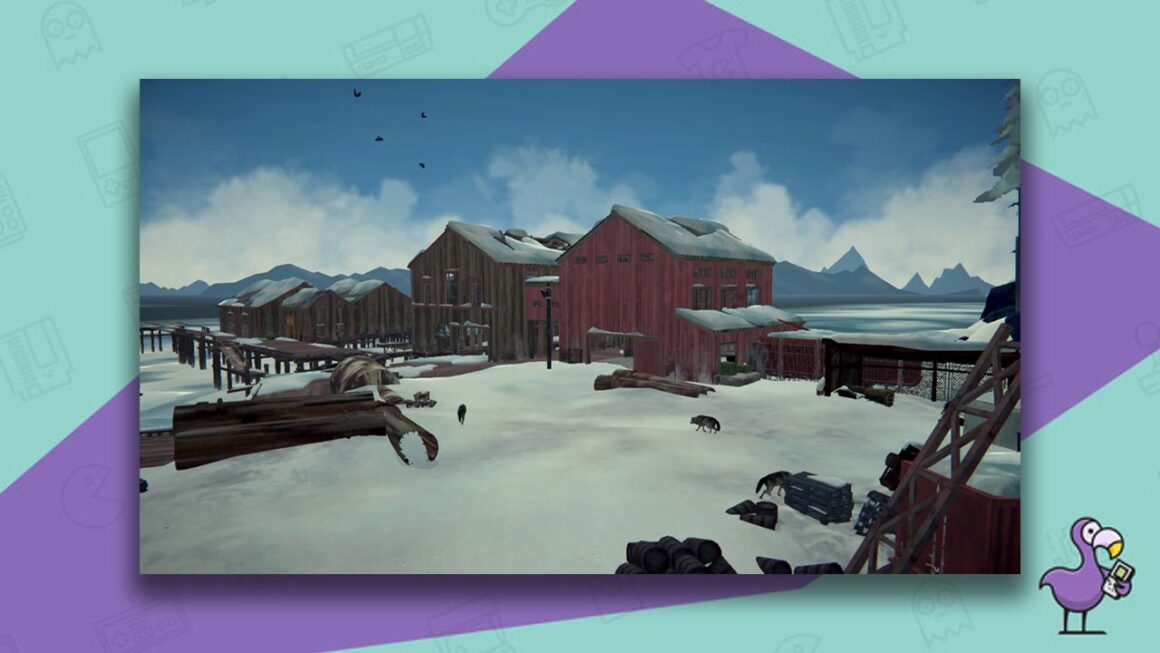 The Long Dark gameplay - the player is looking at a snowy scene with barns in the ditance