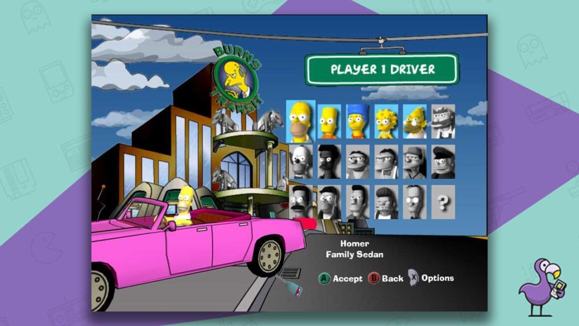 Player selection screen Simpsons Road Rage - homer in car