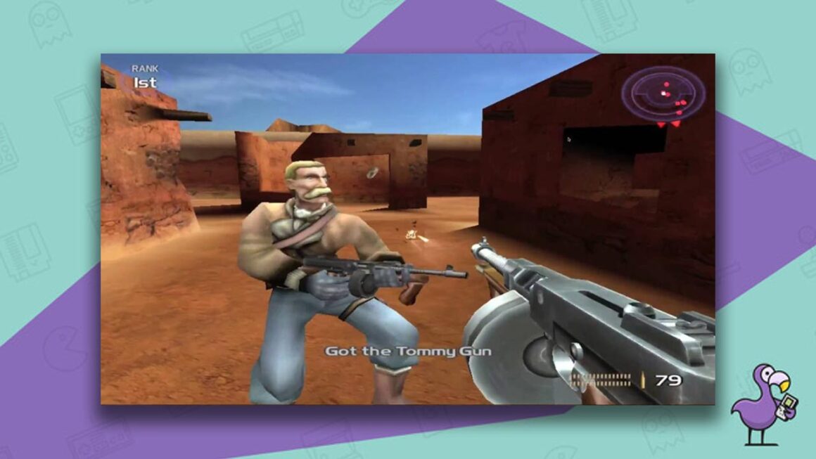 Tommy gun pointing at character, another character with a moustache speaking