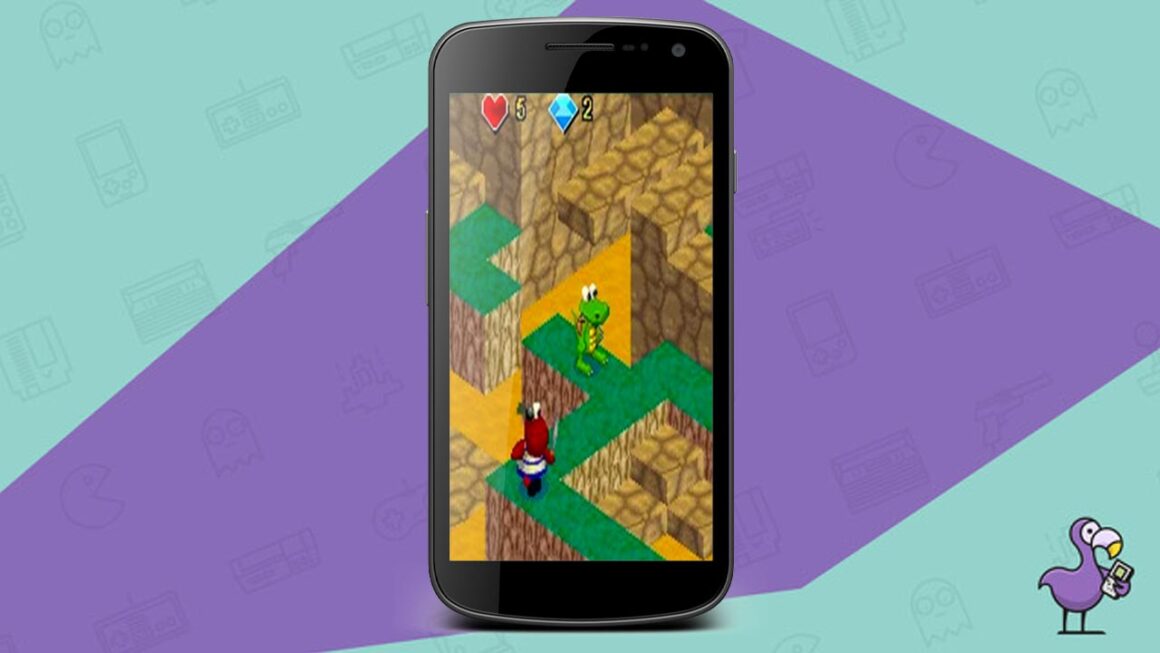 Croc Mobile: Jungle Rumble! gameplay on a smartphone, with Croc standing on a thin green ledge near an enemy.