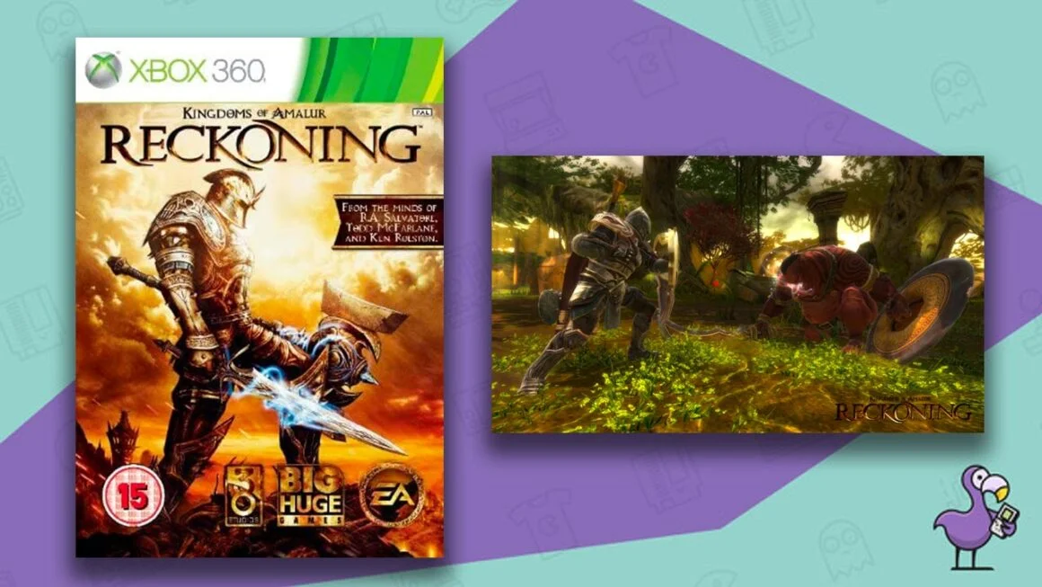 Xbox 360 game case for Kingdoms Of Amalur: Reckoning - Exclusive Signature Edition (left) and gameplay showing a knight facing a monster in a forest (right)
