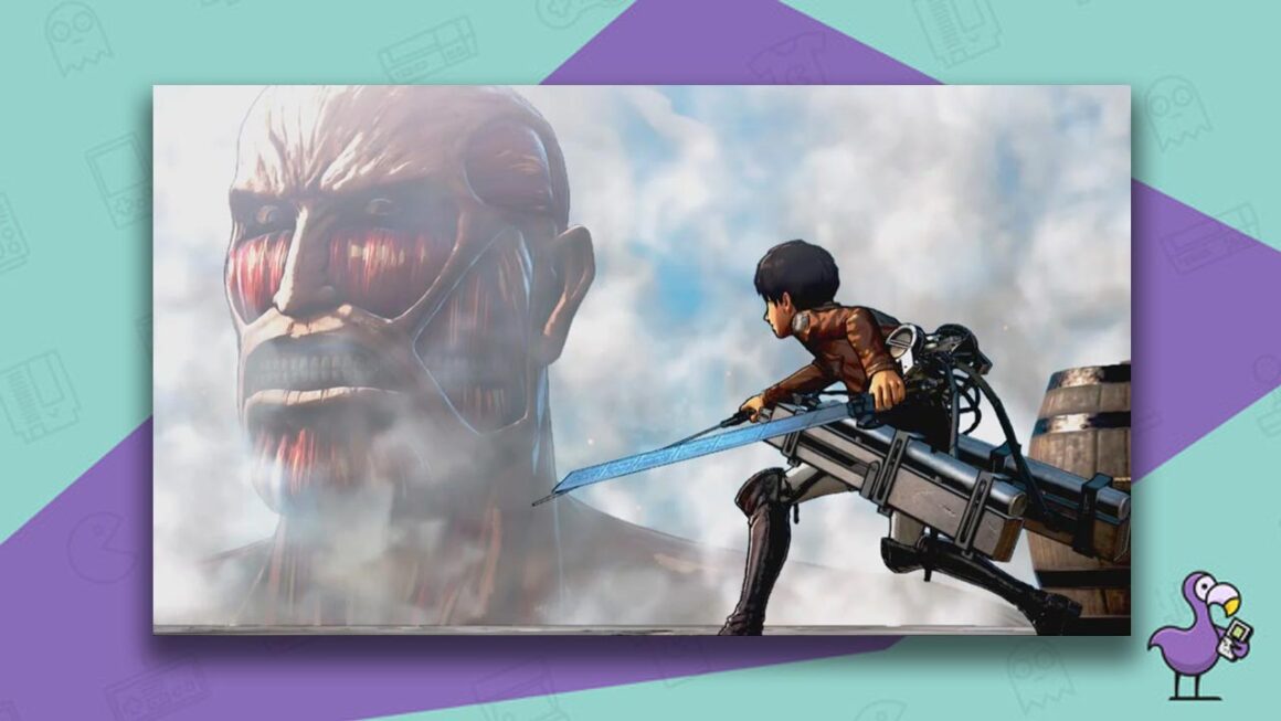 Anime character bearing swords against a large Titan, whose muscles are showing through most of its face - Attack on Titan: Wings of Freedom gameplay
